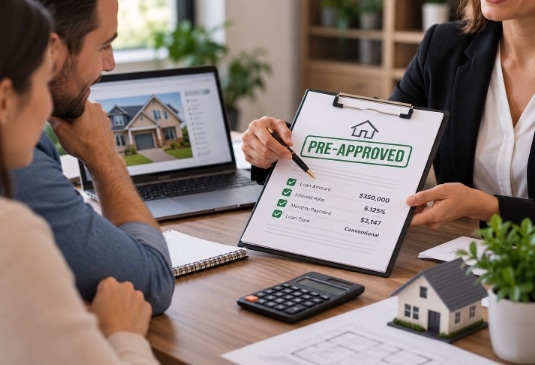 Real estate agent showing a pre-approved mortgage document to a couple meeting in an office in North Carolina.