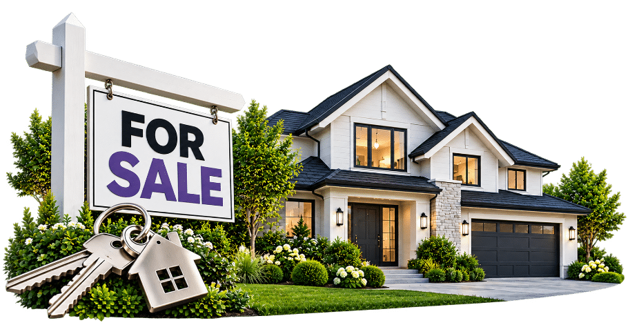 Real estate For Sale sign and house keys in front of a modern white family home in North Carolina.
