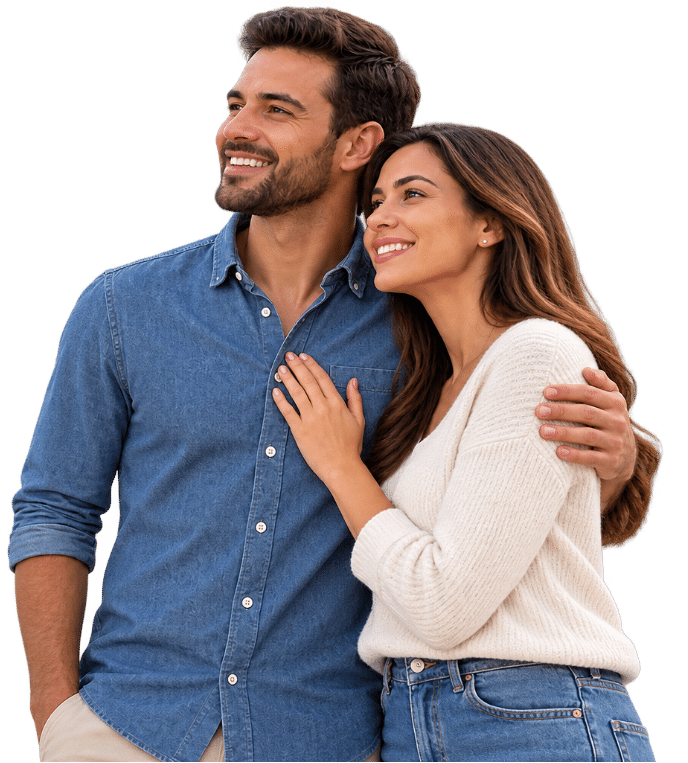 Happy young couple smiling and looking ahead, representing homebuyers in North Carolina.