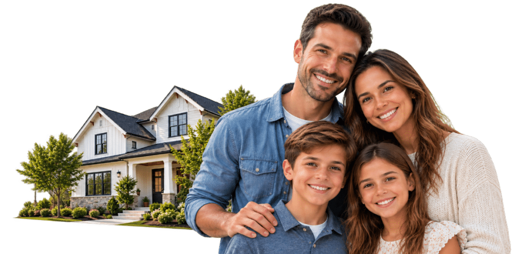 Smiling parents and two children posing together in front of their new modern farmhouse in North Carolina.