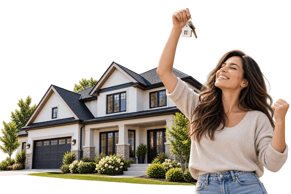 Excited woman holding new house keys in front of a modern two-story home in North Carolina.