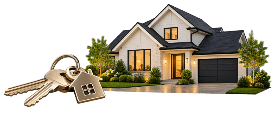 House keys with a house-shaped keychain in front of a modern illuminated white two-story home in North Carolina.