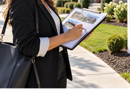 Real estate agent holding a clipboard with property listings and a pen while standing outdoors in North Carolina.