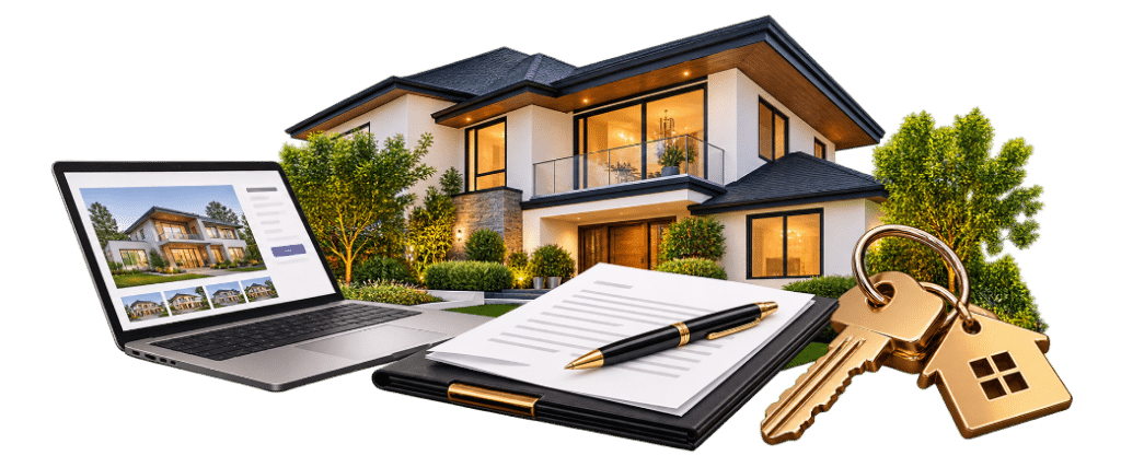 Real estate concept featuring a modern luxury house, laptop displaying online listings, signed contract, and house keys.