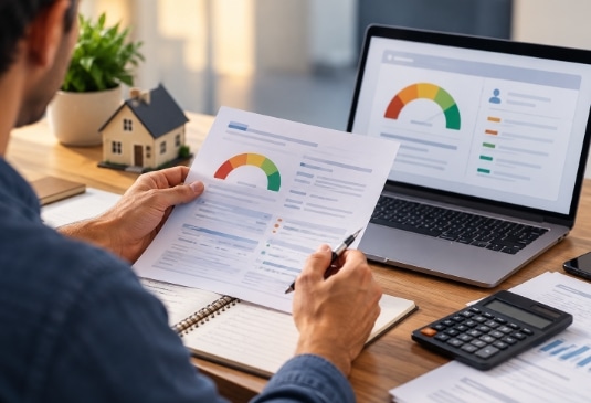 Man reviewing real estate financial documents, performance charts, and a model house at a desk with a laptop in North Carolina.