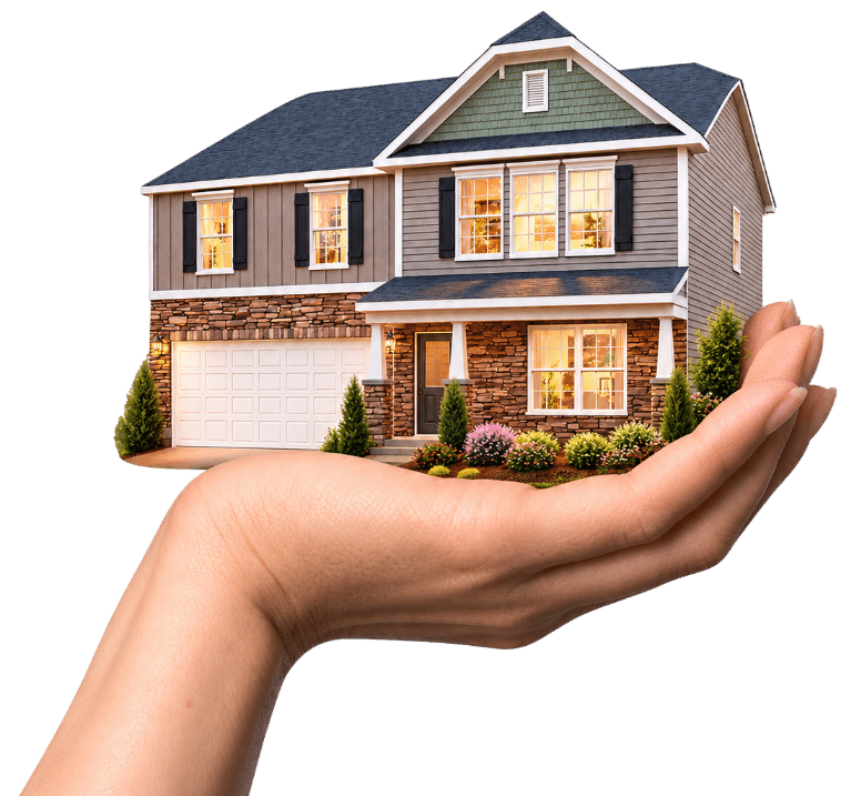 3D illustration of a hand holding a modern two-story home representing home selling and valuation services in North Carolina.