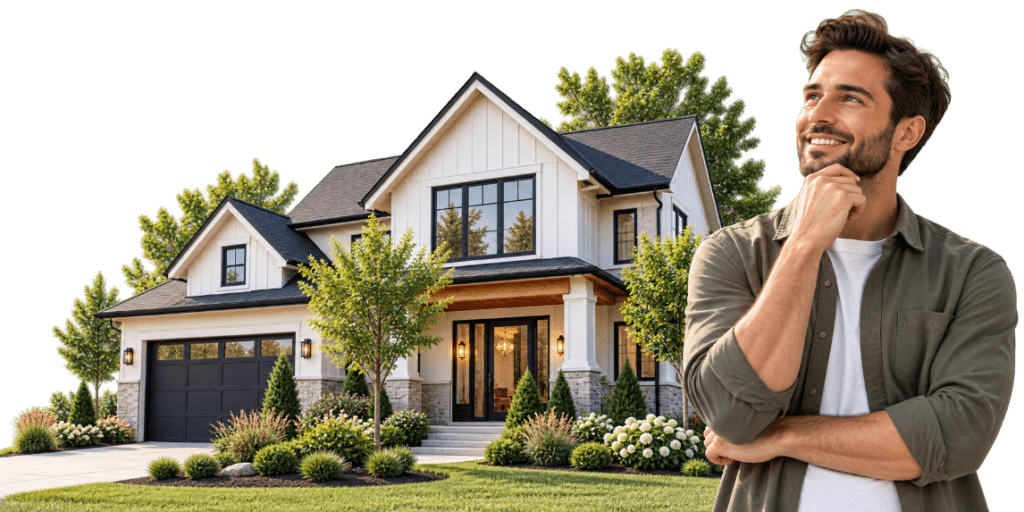 Smiling man thinking about buying a home standing in front of a modern two-story farmhouse.